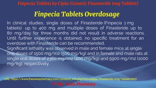 Finpecia Tablets by Cipla (Generic Finasteride 1mg Tablets)
© The Swiss Pharmacy
Finpecia Tablets Overdosage
In clinical studies, single doses of Finasteride (Finpecia 1 mg
tablets) up to 400 mg and multiple doses of Finasteride up to
80 mg/day for three months did not result in adverse reactions.
Until further experience is obtained, no specific treatment for an
overdose with Finasteride can be recommended.
Significant lethality was observed in male and female mice at single
oral doses of 1500 mg/m2 (500 mg/kg) and in female and male rats at
single oral doses of 2360 mg/m2 (400 mg/kg) and 5900 mg/m2 (1000
mg/kg), respectively.
URL: https://www.theswisspharmacy.com/product_info.php?info=p9594_Finasteride-1mg-Tablets.html
 