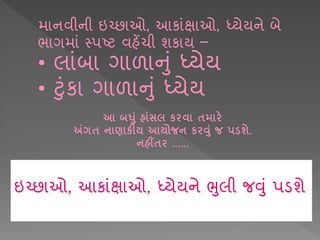 મ નવીની ઇચ્છ ઓ, આક ાંક્ષ ઓ, ધ્યેયને બે
ભ ગમ ાં સ્પષ્ટ વહેંચી શક ય –
• લ ાંબ ગ ળ નાં ધ્યેય
• ટાંક ગ ળ નાં ધ્યેય
આ બધું હાુંસલ કરવા તમારે
અંગત નાણાકીય આયોજન કરવું જ પડ્શે.
નહીંતર ……
ઇચ્છ ઓ, આક ાંક્ષ ઓ, ધ્યેયને ભલી જવાં પડશે
 