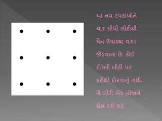 આ નવ ટપક ાંઓને
ચ ર સીધી લીટીથી
પેન ઉપાડ્યા વગર
જોડવ ન છે. કોઈ
દોરેલી લીટી પર
ફરીથી દોરવ નાં નથી.
બે લીટી એક બીજાને
ક્રોસ કરી શકે.
 