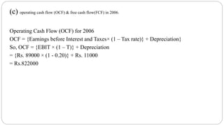 (c) operating cash flow (OCF) & free cash flow(FCF) in 2006.
Operating Cash Flow (OCF) for 2006
OCF = {Earnings before Interest and Taxes× (1 – Tax rate)} + Depreciation}
So, OCF = {EBIT × (1 – T)} + Depreciation
= {Rs. 89000 × (1 - 0.20)} + Rs. 11000
= Rs.822000
 