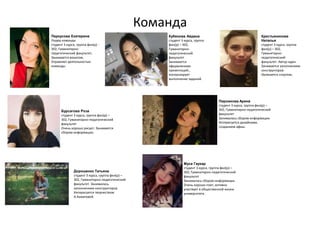 Команда
Перкусова Екатерина
Лидер команды
студент 3 курса, группа фил(р) -
302, Гуманитарно-
педагогический факультет,
Занимается вокалом,
Управляет деятельностью
команды.
Кубенова Айдана
студент 3 курса, группа
фил(р) – 302,
Гуманитарно-
педагогический
факультет
Занимается
оформлением
презентаций.,
контролирует
выполнение заданий.
Пирожкова Арина
студент 3 курса, группа фил(р) –
302, Гуманитарно-педагогический
факультет
Занималась сбором информации.
Интересуется дизайнами,
созданием афиш.
Бурсагова Роза
студент 3 курса, группа фил(р) –
302, Гуманитарно-педагогический
факультет
Очень хорошо рисует. Занимается
сбором информации.
Крестьянинова
Наталья
студент 3 курса, группа
фил(р) – 302,
Гуманитарно-
педагогический
факультет. Автор идеи.
Занимается заполнением
конструкторов.
Увлекается спортом.
Дорошенко Татьяна
студент 3 курса, группа фил(р) –
302, Гуманитарно-педагогический
факультет. Занималась
заполнением конструкторов.
Интересуется творчеством
А.Ахматовой.
Муса Гаухар
студент 3 курса, группа фил(р) –
302, Гуманитарно-педагогический
факультет
Занималась сбором информации.
Очень хорошо поет, активно
участвует в общественной жизни
университета .
 