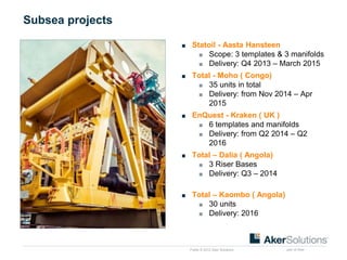 Public © 2012 Aker Solutions part of Aker
Subsea projects
■ Statoil - Aasta Hansteen
■ Scope: 3 templates & 3 manifolds
■ Delivery: Q4 2013 – March 2015
■ Total - Moho ( Congo)
■ 35 units in total
■ Delivery: from Nov 2014 – Apr
2015
■ EnQuest - Kraken ( UK )
■ 6 templates and manifolds
■ Delivery: from Q2 2014 – Q2
2016
■ Total – Dalia ( Angola)
■ 3 Riser Bases
■ Delivery: Q3 – 2014
■ Total – Kaombo ( Angola)
■ 30 units
■ Delivery: 2016
 