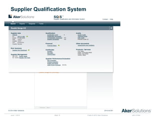 Public © 2012 Aker Solutions part of Aker
Supplier Qualification System
June 1, 2015
Who we are and what we do
Slide 15
 