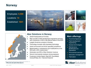 Public © 2012 Aker Solutions part of Aker
Norway
Aker Solutions in Norway
■ Global headquarters at Fornebu
■ Main provider of field development engineering services,
with involvement in 80% of all offshore fields on the NCS
■ Largest oil-service company in Norway
■ Technology innovator with proprietary technology
■ Harsh environment and Arctic specialist competence
■ Market leader in maintenance and modifications on the
NCS with a 35% market share 1
■ Generates over 60% of Aker Solutions’ revenue
■ Second most popular employer among engineers
■ Customers include Statoil, Shell, BP, ExxonMobil,
ConocoPhilips, Eni, Total and Kvaerner
Employees: 8,500
Locations: 14
Established: 1841
Main offerings
■ Front End Spectrum
■ Field development
engineering
■ Subsea technologies
■ Maintenance,
Modifications &
Operations
■ Procurement services
■ Execution management
■ Fabrication
Note: Employee figures are rounded to the nearest 10.
1. Based on Management estimates.
June 1, 2015
Who we are and what we do
Slide 5
 