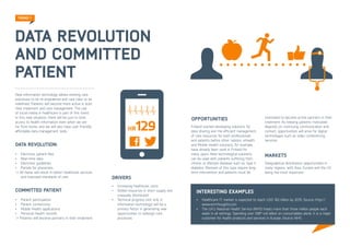 TREND 1



Data Revolution and Committed patient
New information technology allows existing care processes
to be re-engineered and care roles to be redefined. Patients
will become more active in both their treatment and care
management. The use of social media in healthcare is part of
this trend. In this new situation, there will be just-in-time access
to health information even when we are far from home, and we
will also have user-friendly, affordable data management tools.


Data revolution:
•	 Electronic patient files
•	 Real-time data
•	 Electronic guidelines
•	 Portals for physicians                                                 DRIVERS
-> All these will result in better healthcare services and
   improved standards of care                                             •	 Increasing healthcare costs
                                                                          •	 Skilled resources in short supply and unequally distributed
                                                                          •	 Technical progress (not only in information technology) will be
Committed Patient                                                            a primary factor in generating new opportunities to redesign
                                                                             care processes
•	 Patient participation
•	 Patient connectivity
•	 Mobile Health applications
•	 Personal Health records
-> Patients will become partners in their treatment

                                                                   © Finpro
 