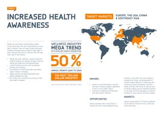 TREND 1



Data Revolution and Committed patient
OPPORTUNITIES                                                               Markets
Finland started developing solutions for data sharing and the               Geographical distribution: opportunities in many regions, with
efficient management of care resources for both professionals               Asia, Europe and the US being the most important.
and patients before other nations. eHealth and Mobile Health
solutions, for example, have already been used in Finland for
many years. New technological solutions can be used with
patients suffering from chronic or lifestyle diseases such as Type
II diabetes. Illnesses of this type require long-term intervention
and patients must be motivated to become active partners in
their treatment. As keeping patients motivated depends on                          Interesting examples
continuing communication and contact, opportunities will arise                     •	 Healthcare IT market is expected to reach
for digital technologies such as video conferencing services.                         USD 162 billion by 2015. Source: http://www.
                                                                                      emrthoughts.com
                                                                                   •	 The UK’s National Health Service (NHS) treats
                                                                                      more than three million people each week in
                                                                                      all settings. Spending over GBP 4.6 billion on
                                                                                      consumables alone, it is a major customer for
                                                                                      health products and services in Europe. Source:
                                                                                      NHS




                                                                     © Finpro
 
