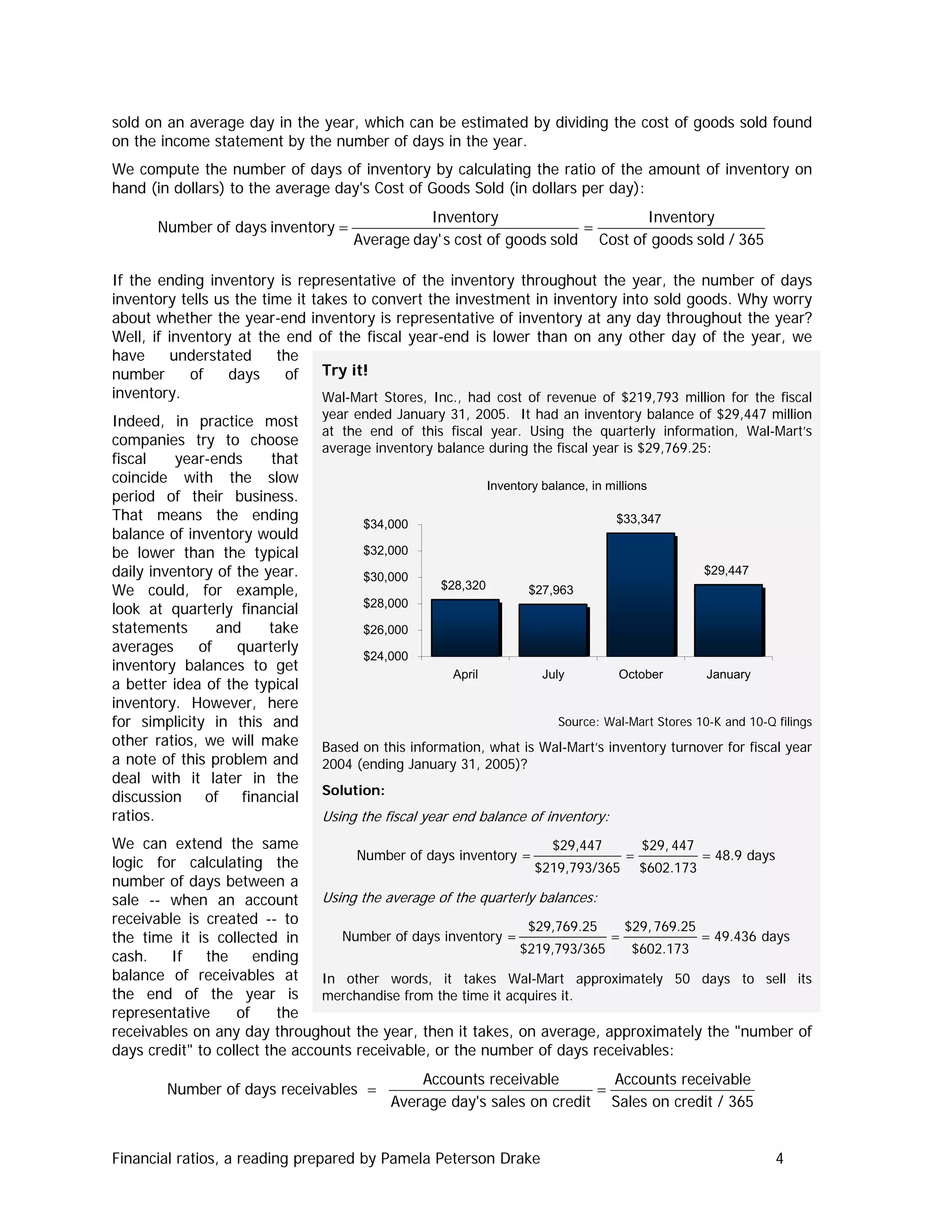 sold on an average day in the year, which can be estimated by dividing the cost of goods sold found
on the income statement by the number of days in the year.
We compute the number of days of inventory by calculating the ratio of the amount of inventory on
hand (in dollars) to the average day's Cost of Goods Sold (in dollars per day):

Number of days inventory =

Inventory
Inventory
=
Average day' s cost of goods sold Cost of goods sold / 365

If the ending inventory is representative of the inventory throughout the year, the number of days
inventory tells us the time it takes to convert the investment in inventory into sold goods. Why worry
about whether the year-end inventory is representative of inventory at any day throughout the year?
Well, if inventory at the end of the fiscal year-end is lower than on any other day of the year, we
have
understated
the
Try it!
number
of
days
of
inventory.
Wal-Mart Stores, Inc., had cost of revenue of $219,793 million for the fiscal
Indeed, in practice most
companies try to choose
fiscal
year-ends
that
coincide with the slow
period of their business.
That means the ending
balance of inventory would
be lower than the typical
daily inventory of the year.
We could, for example,
look at quarterly financial
statements
and
take
averages
of
quarterly
inventory balances to get
a better idea of the typical
inventory. However, here
for simplicity in this and
other ratios, we will make
a note of this problem and
deal with it later in the
discussion
of
financial
ratios.

year ended January 31, 2005. It had an inventory balance of $29,447 million
at the end of this fiscal year. Using the quarterly information, Wal-Mart’s
average inventory balance during the fiscal year is $29,769.25:
Inventory balance, in millions
$33,347

$34,000
$32,000
$30,000

$29,447
$28,320

$27,963

April

July

$28,000
$26,000
$24,000
October

January

Source: Wal-Mart Stores 10-K and 10-Q filings

Based on this information, what is Wal-Mart’s inventory turnover for fiscal year
2004 (ending January 31, 2005)?
Solution:

Using the fiscal year end balance of inventory:

We can extend the same
$29,447
$29, 447
Number of days inventory =
=
= 48.9 days
logic for calculating the
$219,793/365 $602.173
number of days between a
Using the average of the quarterly balances:
sale -- when an account
receivable is created -- to
$29,769.25
$29, 769.25
Number of days inventory =
=
= 49.436 days
the time it is collected in
$219,793/365
$602.173
cash.
If
the
ending
balance of receivables at
In other words, it takes Wal-Mart approximately 50 days to sell its
the end of the year is
merchandise from the time it acquires it.
representative
of
the
receivables on any day throughout the year, then it takes, on average, approximately the "number of
days credit" to collect the accounts receivable, or the number of days receivables:

Number of days receivables =

Accounts receivable
Accounts receivable
=
Average day's sales on credit Sales on credit / 365

Financial ratios, a reading prepared by Pamela Peterson Drake

4

 