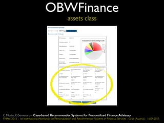 OBWFinance
assets class
C.Musto, G.Semeraro - Case-based Recommender Systems for Personalized Finance Advisory
FinRec 2015 - 1st International Workshop on Personalization and Recommender Systems in Financial Services - Graz (Austria) - 16.04.2015
 
