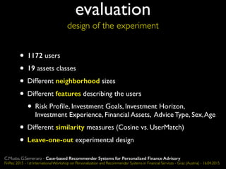 design of the experiment
• 1172 users
• 19 assets classes
• Different neighborhood sizes
• Different features describing the users
• Risk Proﬁle, Investment Goals, Investment Horizon,
Investment Experience, Financial Assets, Advice Type, Sex,Age
• Different similarity measures (Cosine vs. UserMatch)
• Leave-one-out experimental design
evaluation
C.Musto, G.Semeraro - Case-based Recommender Systems for Personalized Finance Advisory
FinRec 2015 - 1st International Workshop on Personalization and Recommender Systems in Financial Services - Graz (Austria) - 16.04.2015
 