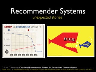 Recommender SystemsRecommender Systems
unexpected stories
C.Musto, G.Semeraro - Case-based Recommender Systems for Personalized Finance Advisory
FinRec 2015 - 1st International Workshop on Personalization and Recommender Systems in Financial Services - Graz (Austria) - 16.04.2015
 
