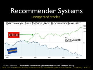 Recommender SystemsRecommender Systems
unexpected stories
C.Musto, G.Semeraro - Case-based Recommender Systems for Personalized Finance Advisory
FinRec 2015 - 1st International Workshop on Personalization and Recommender Systems in Financial Services - Graz (Austria) - 16.04.2015
 