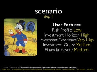 scenario
User Features
Risk Proﬁle: Low
Investment Horizon High
Investment ExperienceVery High
Investment Goals: Medium
Financial Assets: Medium
step 1
C.Musto, G.Semeraro - Case-based Recommender Systems for Personalized Finance Advisory
FinRec 2015 - 1st International Workshop on Personalization and Recommender Systems in Financial Services - Graz (Austria) - 16.04.2015
 
