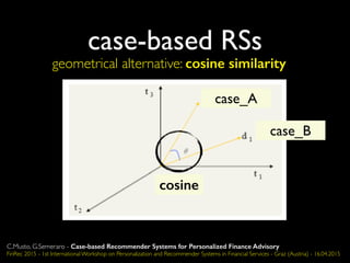 case-based RSs
geometrical alternative: cosine similarity
case_A
case_B
cosine
C.Musto, G.Semeraro - Case-based Recommender Systems for Personalized Finance Advisory
FinRec 2015 - 1st International Workshop on Personalization and Recommender Systems in Financial Services - Graz (Austria) - 16.04.2015
 