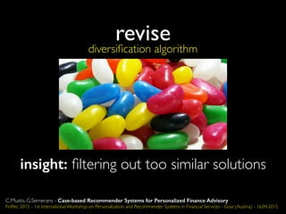 insight: ﬁltering out too similar solutions
diversiﬁcation algorithm
revise
C.Musto, G.Semeraro - Case-based Recommender Systems for Personalized Finance Advisory
FinRec 2015 - 1st International Workshop on Personalization and Recommender Systems in Financial Services - Graz (Austria) - 16.04.2015
 