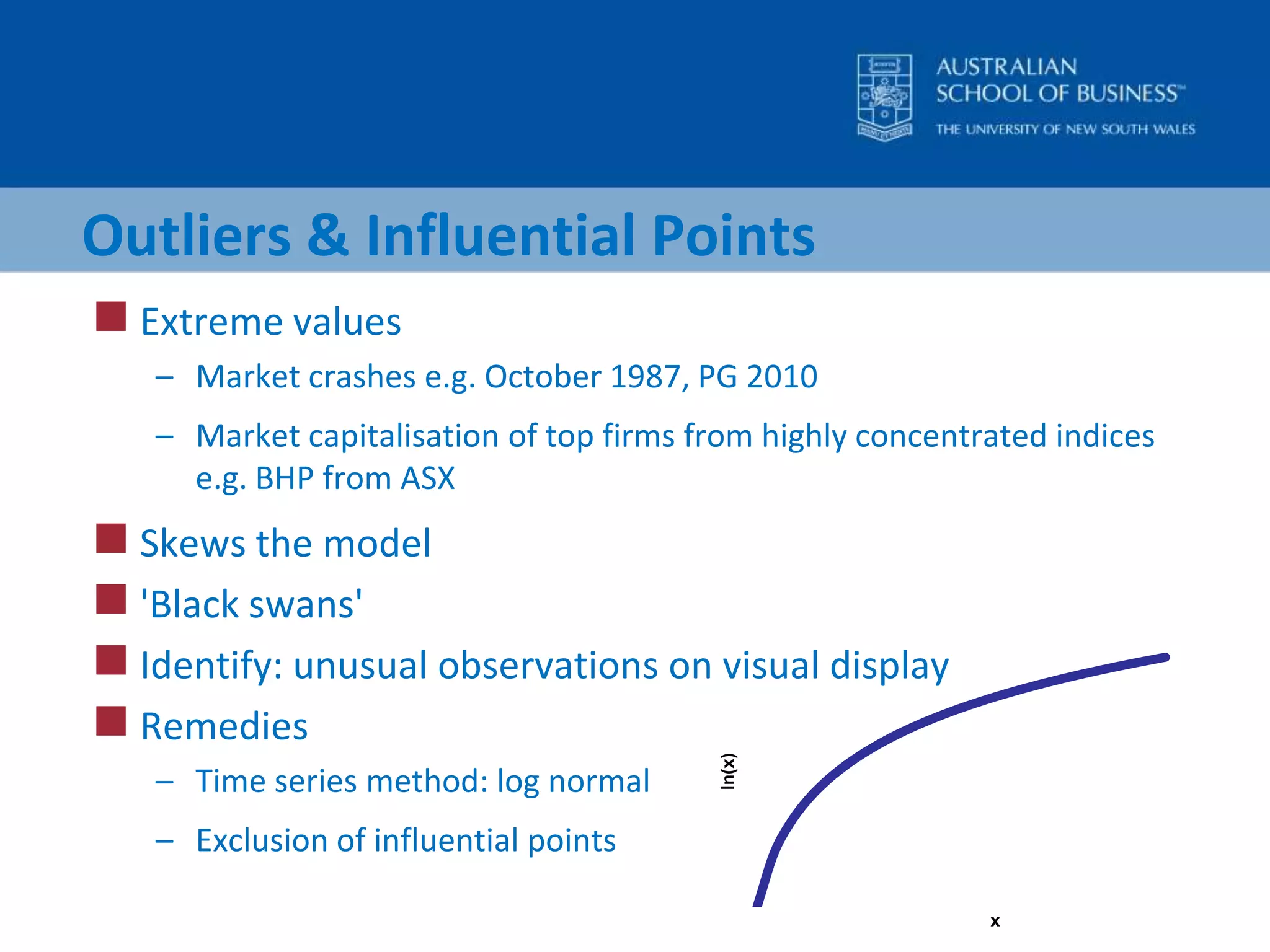 MulticollinearityVariables are almost linearly dependentLarge standard errors lead to insignificant t-valuesLittle explanatory powerTest CollinearityCorrelation matrixRotation of variables: R2 does not change much when one variable is droppedRemedyDrop collinear variable(s)