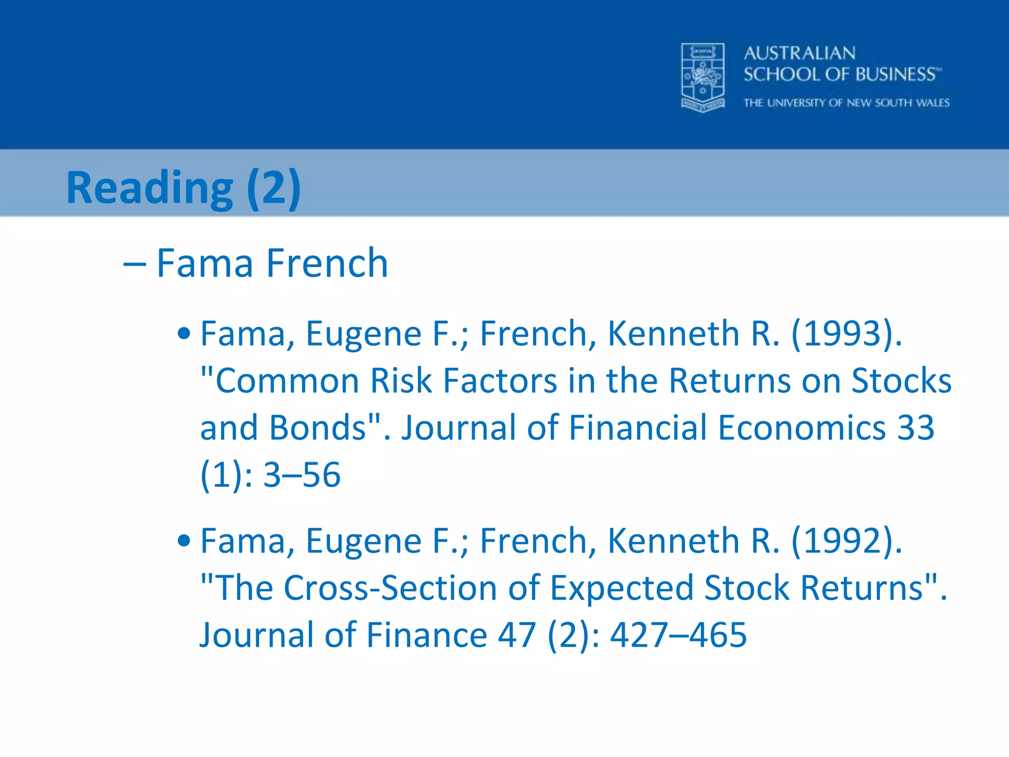 Reading (1)Required ReadingReeves J. J. 2008Recommended ReadingMultivariate ModelsLouise Swift, Sally Piff, Quantitative Methods for Business, Management and Finance, 2nd editionJohn Y. Campbell, Yeung Lewis Chan, Luis M. Viceira, 2001, 'A multivariate model of strategic asset allocation'Alvin C. Rencher, 2002, Methods of multivariate analysis