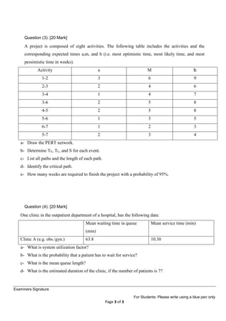 Examiners Signature
For Students: Please write using a blue pen only
Page 3 of 3
Question (3): [20 Mark]
A project is composed of eight activities. The following table includes the activities and the
corresponding expected times a,m, and b (i.e. most optimistic time, most likely time, and most
pessimistic time in weeks).
Activity a M b
1-2 3 6 9
2-3 2 4 6
3-4 1 4 7
3-6 2 5 8
4-5 2 5 8
5-6 1 3 5
6-7 1 2 3
5-7 2 3 4
a- Draw the PERT network.
b- Determine TE, TL, and S for each event.
c- List all paths and the length of each path.
d- Identify the critical path.
e- How many weeks are required to finish the project with a probability of 95%.
Question (4): [20 Mark]
One clinic in the outpatient department of a hospital, has the following data:
Mean waiting time in queue
(min)
Mean service time (min)
Clinic A (e.g. obs./gyn.) 63.8 10.30
a- What is system utilization factor?
b- What is the probability that a patient has to wait for service?
c- What is the mean queue length?
d- What is the estimated duration of the clinic, if the number of patients is 7?
 