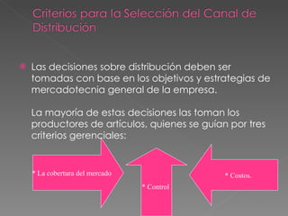 Las decisiones sobre distribución deben ser tomadas con base en los objetivos y estrategias de mercadotecnia general de la empresa.  La mayoría de estas decisiones las toman los productores de artículos, quienes se guían por tres criterios gerenciales:  * La cobertura del mercado  * Control  * Costos.  