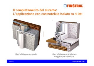 Il completamento del sistema:
L’applicazione con controtelaio isolato su 4 lati

falso telaio con supporto

14.04.2013

falso telaio con scanalatura
e aggiuntivo inferiore
WWW.FINSTRAL.COM

 