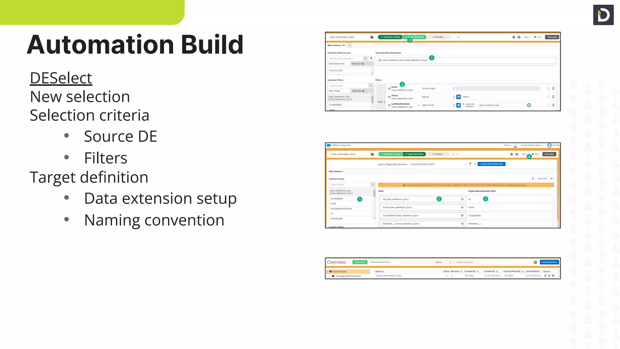 Selection Criteria
Target Deﬁnition
Run!
DESelect
New selection
Selection criteria
• Source DE
• Filters
Target deﬁnition
• Data extension setup
• Naming convention
Automation Build
 