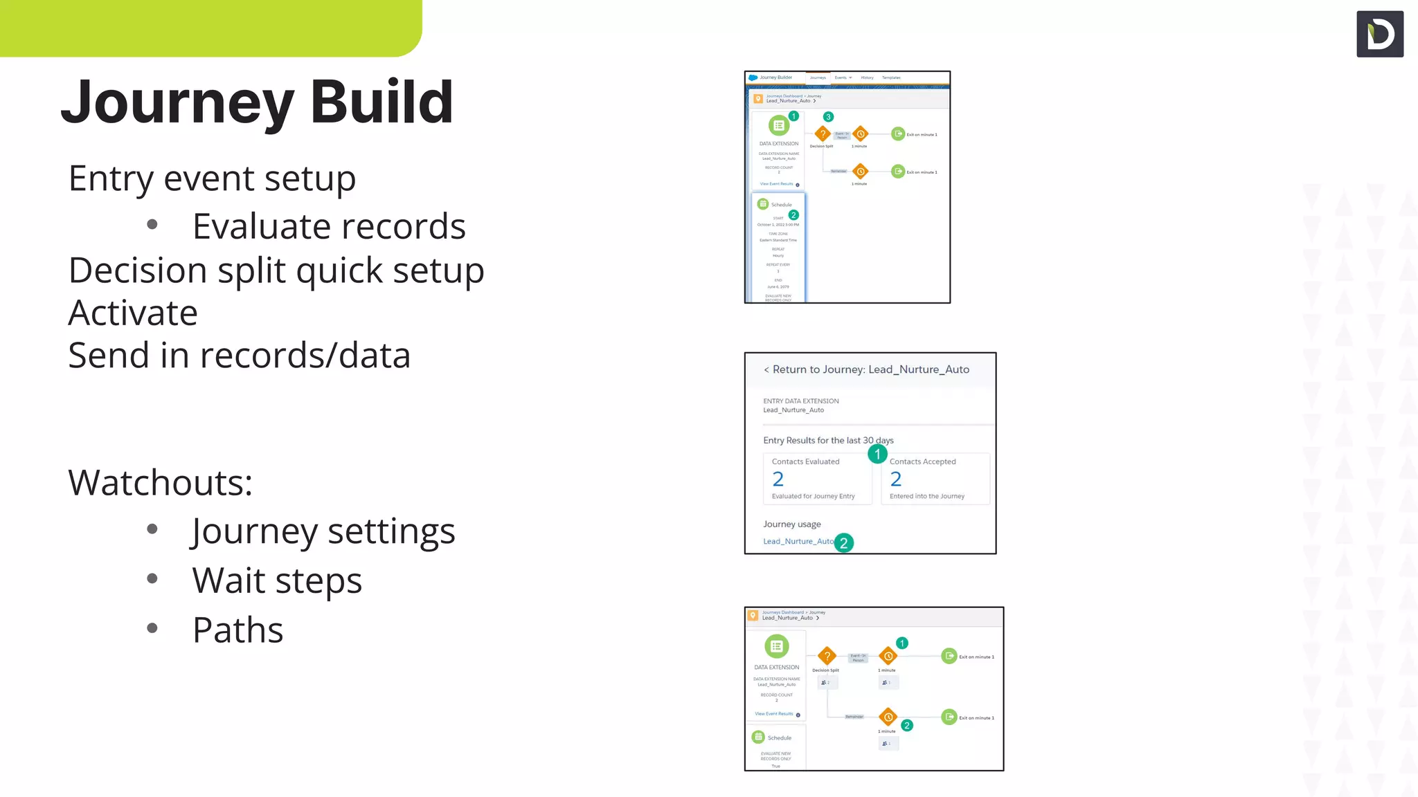 Entry Event Setup
Activate & Validate
Journey Paths
Entry event setup
• Evaluate records
Decision split quick setup
Activate
Send in records/data
Watchouts:
• Journey settings
• Wait steps
• Paths
Journey Build
 