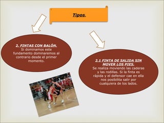 Tipos.
2. FINTAS CON BALÓN.
Si dominamos este
fundamento dominaremos al
contrario desde el primer
momento. 2.1 FINTA DE SALIDA SIN
MOVER LOS PIES.
Se realiza moviendo las caderas
y las rodillas. Si la finta es
rápida y el defensor cae en ella
nos posibilita salir por
cualquiera de los lados.
 