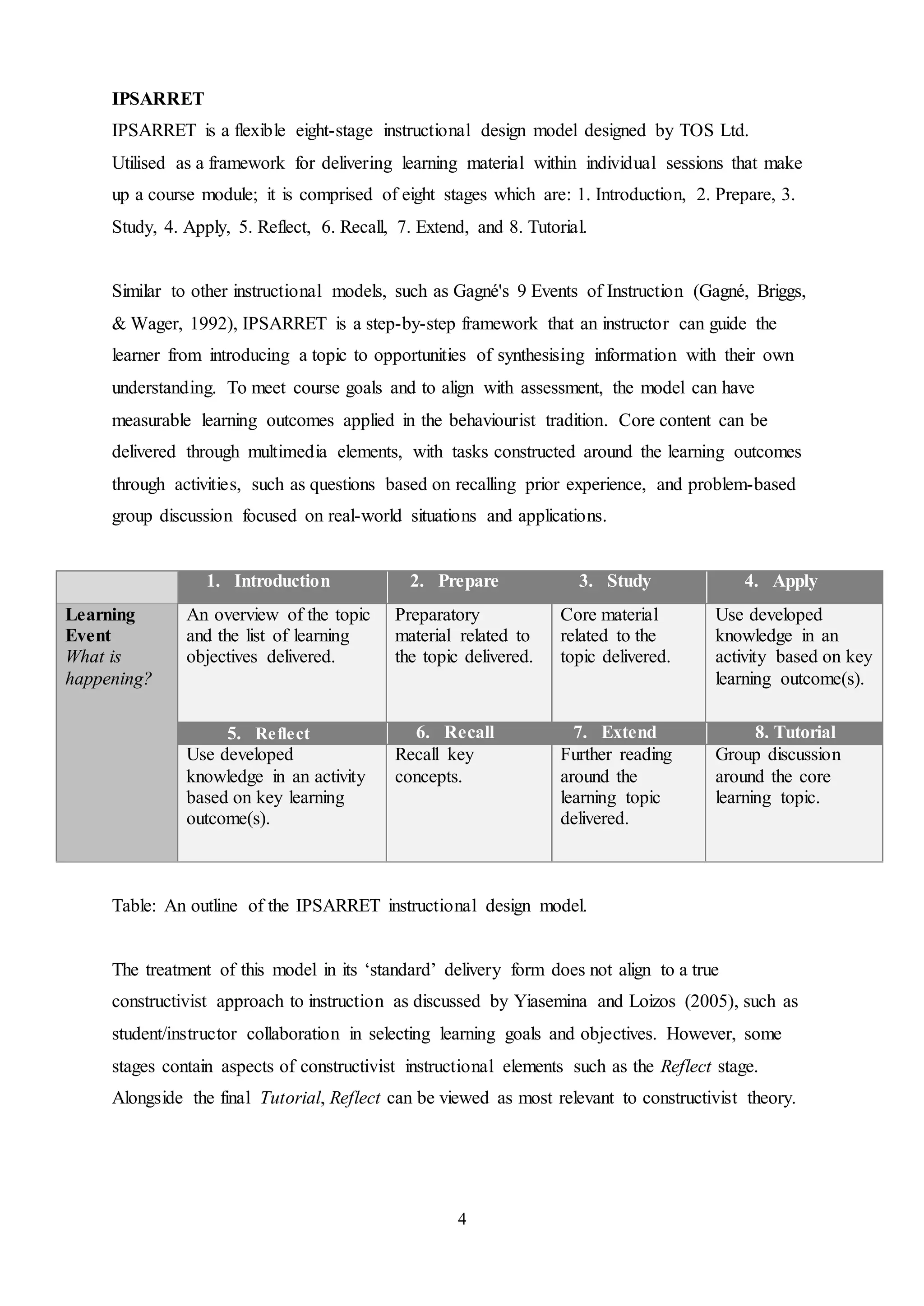 4
IPSARRET
IPSARRET is a flexible eight-stage instructional design model designed by TOS Ltd.
Utilised as a framework for delivering learning material within individual sessions that make
up a course module; it is comprised of eight stages which are: 1. Introduction, 2. Prepare, 3.
Study, 4. Apply, 5. Reflect, 6. Recall, 7. Extend, and 8. Tutorial.
Similar to other instructional models, such as Gagné's 9 Events of Instruction (Gagné, Briggs,
& Wager, 1992), IPSARRET is a step-by-step framework that an instructor can guide the
learner from introducing a topic to opportunities of synthesising information with their own
understanding. To meet course goals and to align with assessment, the model can have
measurable learning outcomes applied in the behaviourist tradition. Core content can be
delivered through multimedia elements, with tasks constructed around the learning outcomes
through activities, such as questions based on recalling prior experience, and problem-based
group discussion focused on real-world situations and applications.
1. Introduction 2. Prepare 3. Study 4. Apply
Learning
Event
What is
happening?
An overview of the topic
and the list of learning
objectives delivered.
Preparatory
material related to
the topic delivered.
Core material
related to the
topic delivered.
Use developed
knowledge in an
activity based on key
learning outcome(s).
5. Reflect 6. Recall 7. Extend 8. Tutorial
Use developed
knowledge in an activity
based on key learning
outcome(s).
Recall key
concepts.
Further reading
around the
learning topic
delivered.
Group discussion
around the core
learning topic.
Table: An outline of the IPSARRET instructional design model.
The treatment of this model in its ‘standard’ delivery form does not align to a true
constructivist approach to instruction as discussed by Yiasemina and Loizos (2005), such as
student/instructor collaboration in selecting learning goals and objectives. However, some
stages contain aspects of constructivist instructional elements such as the Reflect stage.
Alongside the final Tutorial, Reflect can be viewed as most relevant to constructivist theory.
 