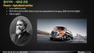 IT에부는푸른바람,펜타시스템–새로운생각/도전 3
들어가며…새로운관점
 CyrusHallMcCormick
 맥코믹하비스팅머신컴퍼니(McCormickHarvestingMachineCompany,현재나비스타)의설립자
 수확기의발명가
 