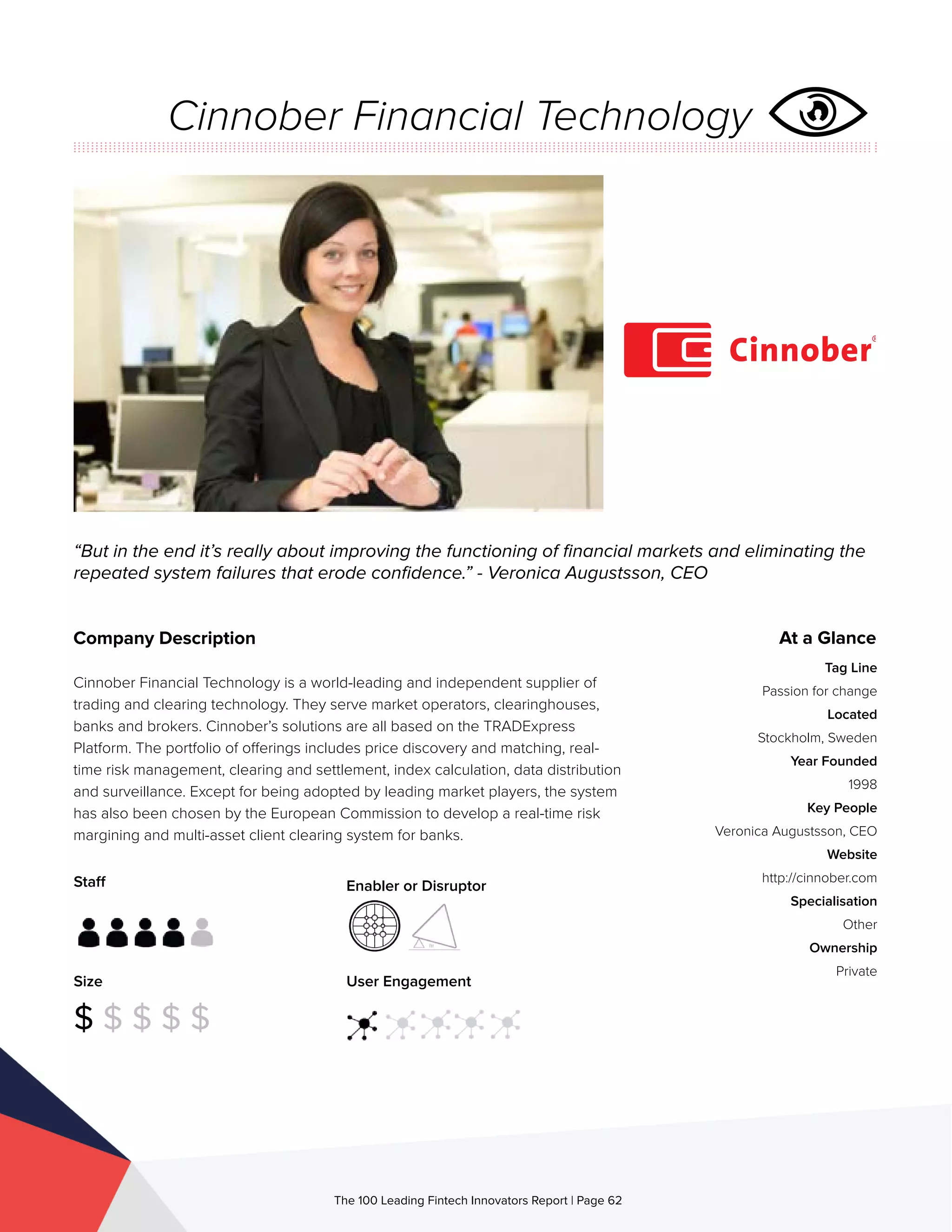 Staff
Size
$ $ $ $ $
Enabler or Disruptor
User Engagement
The 100 Leading Fintech Innovators Report | Page 62
Company Description
Cinnober Financial Technology is a world-leading and independent supplier of
trading and clearing technology. They serve market operators, clearinghouses,
banks and brokers. Cinnober’s solutions are all based on the TRADExpress
Platform. The portfolio of offerings includes price discovery and matching, real-
time risk management, clearing and settlement, index calculation, data distribution
and surveillance. Except for being adopted by leading market players, the system
has also been chosen by the European Commission to develop a real-time risk
margining and multi-asset client clearing system for banks.
“But in the end it’s really about improving the functioning of financial markets and eliminating the
repeated system failures that erode confidence.” - Veronica Augustsson, CEO
At a Glance
Tag Line
Passion for change
Located
Stockholm, Sweden
Year Founded
1998
Key People
Veronica Augustsson, CEO
Website
http://cinnober.com
Specialisation
Other
Ownership
Private
Cinnober Financial Technology
 