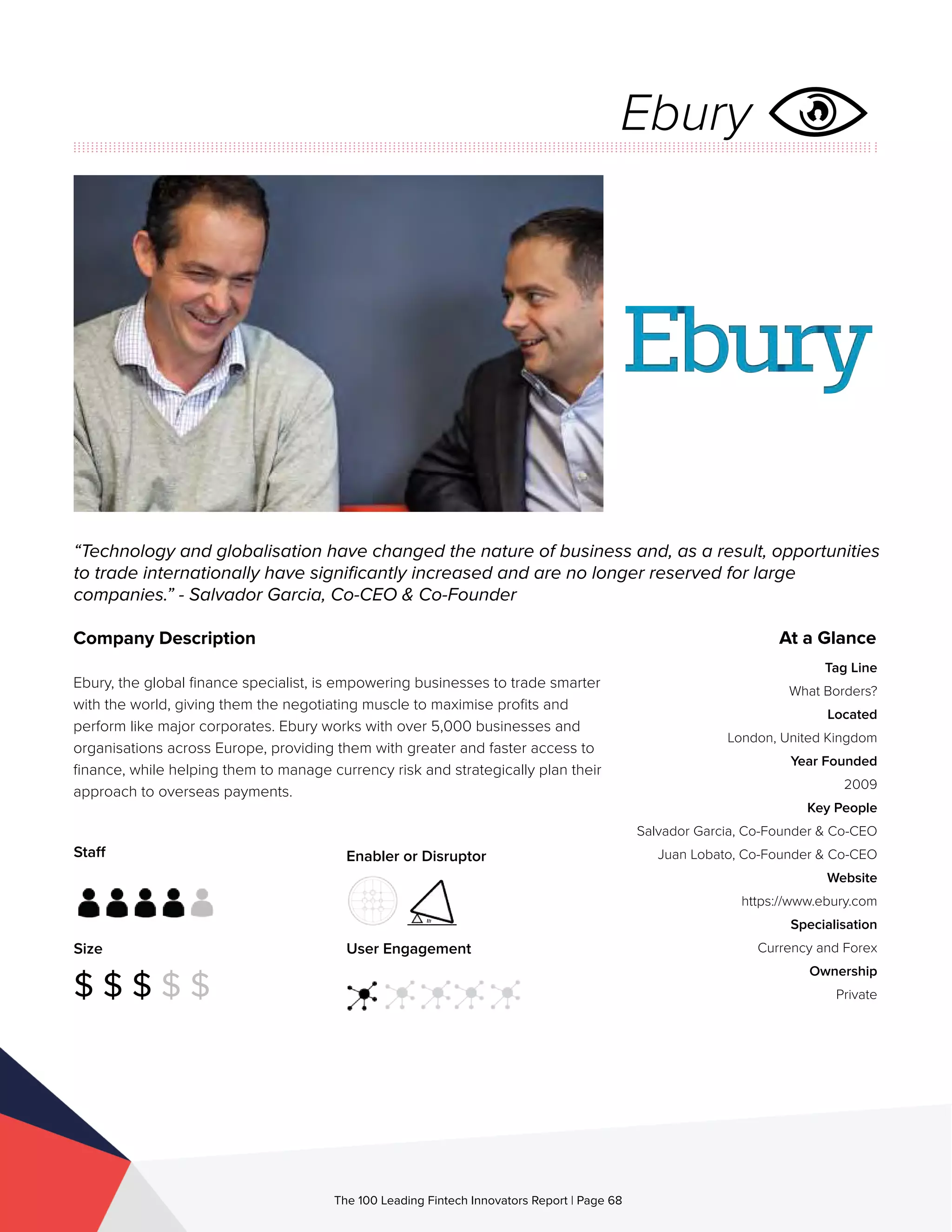 Staff
Size
$ $ $ $ $
Enabler or Disruptor
User Engagement
The 100 Leading Fintech Innovators Report | Page 68
Company Description
Ebury, the global finance specialist, is empowering businesses to trade smarter
with the world, giving them the negotiating muscle to maximise profits and
perform like major corporates. Ebury works with over 5,000 businesses and
organisations across Europe, providing them with greater and faster access to
finance, while helping them to manage currency risk and strategically plan their
approach to overseas payments.
“Technology and globalisation have changed the nature of business and, as a result, opportunities
to trade internationally have significantly increased and are no longer reserved for large
companies.” - Salvador Garcia, Co-CEO & Co-Founder
At a Glance
Tag Line
What Borders?
Located
London, United Kingdom
Year Founded
2009
Key People
Salvador Garcia, Co-Founder & Co-CEO
Juan Lobato, Co-Founder & Co-CEO
Website
https://www.ebury.com
Specialisation
Currency and Forex
Ownership
Private
Ebury
 