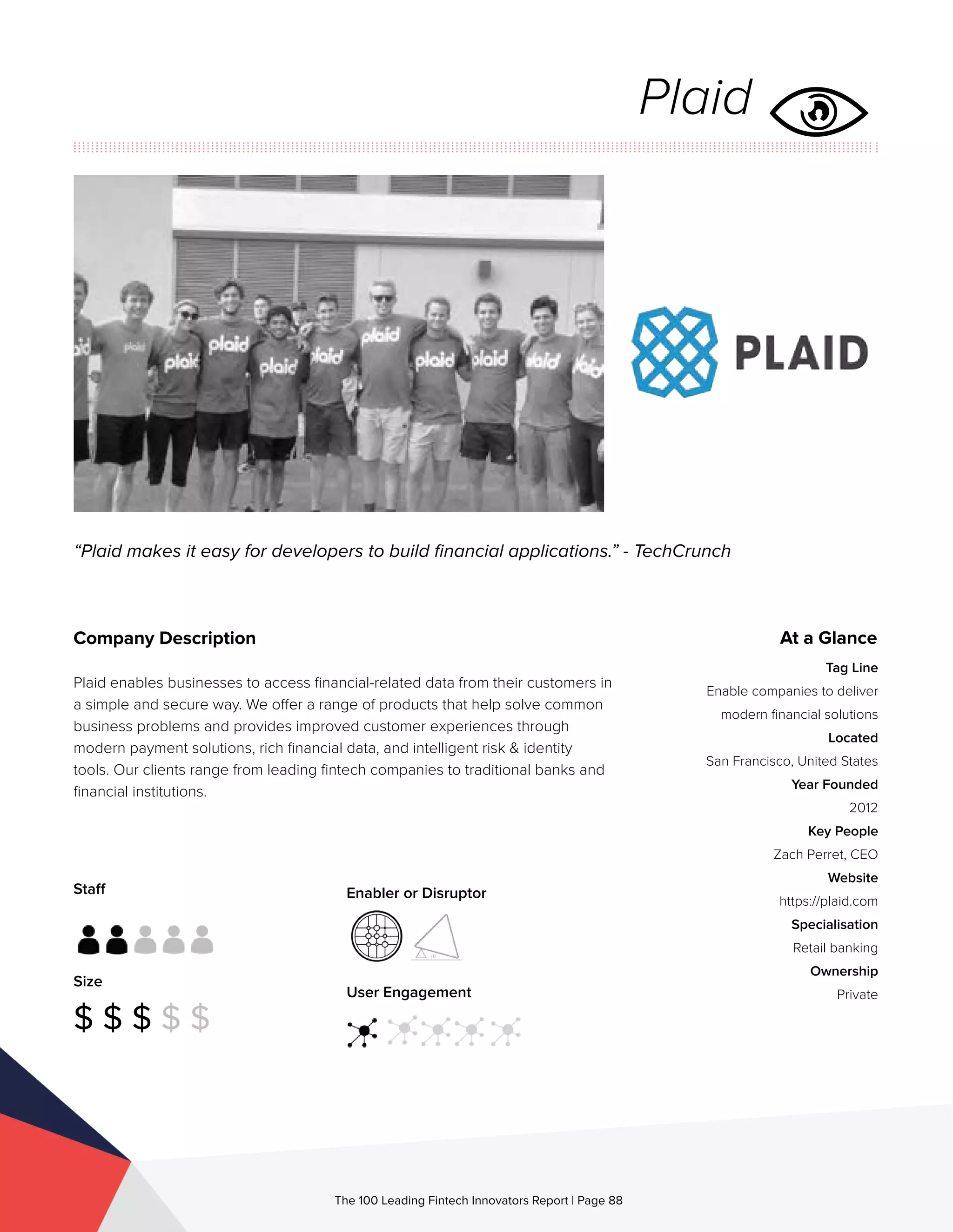 Staff
Size
$ $ $ $ $
Enabler or Disruptor
User Engagement
The 100 Leading Fintech Innovators Report | Page 88
Company Description
Plaid enables businesses to access financial-related data from their customers in
a simple and secure way. We offer a range of products that help solve common
business problems and provides improved customer experiences through
modern payment solutions, rich financial data, and intelligent risk & identity
tools. Our clients range from leading fintech companies to traditional banks and
financial institutions.
“Plaid makes it easy for developers to build financial applications.” - TechCrunch
At a Glance
Tag Line
Enable companies to deliver
modern financial solutions
Located
San Francisco, United States
Year Founded
2012
Key People
Zach Perret, CEO
Website
https://plaid.com
Specialisation
Retail banking
Ownership
Private
Plaid
 