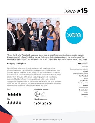 Staff
Size
$ $ $ $ $
Enabler or Disruptor
User Engagement
The 100 Leading Fintech Innovators Report | Page 20
Company Desc...