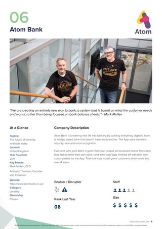 Fintech Innovators 2016 | 6
Company Description
Atom Bank is breathing new life into banking by building everything digitally. Atom
is an App based bank that doesn’t have any branches. The App uses biometric
security: face and voice recognition.
Everyone who joins Atom is given their own unique personalised brand. Put simply,
they get to name their own bank, have their own logo, finished off with their own
colour palette for the App. Their low cost model gives customers better rates and
overall value.
Staff
👤 👤 👤 👤 👤 
Size
$ $ $ $ $
Enabler / Disruptor
 
Rank Last Year
08
“We are creating an entirely new way to bank; a system that is based on what the customer needs
and wants, rather than being focused on bank balance sheets.” - Mark Mullen
At a Glance
Tagline:
The future of banking,
available today
Located:
United Kingdom
Year Founded:
2014
Key People:
Mark Mullen, CEO
Anthony Thomson, Founder
and Chairman
Website:
https://www.atombank.co.uk/
Category:
Lending
Ownership:
Private
06
Atom Bank
© 2016 KPMG International Cooperative (“KPMG International”). KPMG International provides no client services and is a Swiss entity with which the independent member firms of the KPMG network are affiliated.
 