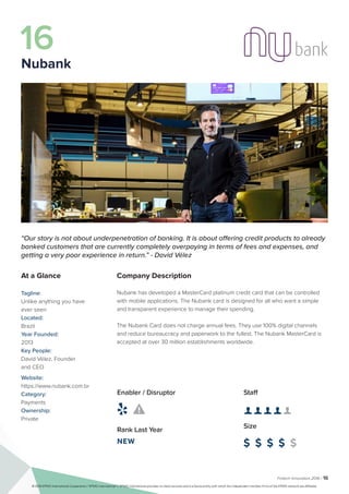Fintech Innovators 2016 | 16
Company Description
Nubank has developed a MasterCard platinum credit card that can be controlled
ant a simple
ital channels
MasterCard is
ts to already
nses, and
with mobile applications. The Nubank card is designed for all who w
and transparent experience to manage their spending.
The Nubank Card does not charge annual fees. They use 100% dig
and reduce bureaucracy and paperwork to the fullest. The Nubank
accepted at over 30 million establishments worldwide.
Staff
👤 👤 👤 👤 👤 
Size
$ $ $ $ $
Enabler / Disruptor
 
Rank Last Year
NEW
“Our story is not about underpenetration of banking. It is about offering credit produc
banked customers that are currently completely overpaying in terms of fees and expe
getting a very poor experience in return.” - David Vélez
At a Glance
Tagline:
Unlike anything you have
ever seen
Located:
Brazil
Year Founded:
2013
Key People:
David Vélez, Founder
and CEO
Website:
https://www.nubank.com.br
Category:
Payments
Ownership:
Private
16
Nubank
© 2016 KPMG International Cooperative (“KPMG International”). KPMG International provides no client services and is a Swiss entity with which the independent member firms of the KPMG network are affiliated.
 