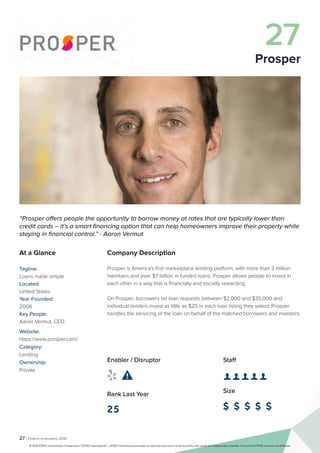 27 | Fintech Innovators 2016
Company Description
Prosper is America’s first marketplace lending platform, with more than 2 million
members and over $7 billion in funded loans. Prosper allows people to invest in
each other in a way that is financially and socially rewarding.
On Prosper, borrowers list loan requests between $2,000 and $35,000 and
individual lenders invest as little as $25 in each loan listing they select. Prosper
handles the servicing of the loan on behalf of the matched borrowers and investors.
Staff
👤 👤 👤 👤 👤 
Size
$ $ $ $ $
Enabler / Disruptor
 
Rank Last Year
25
“Prosper offers people the opportunity to borrow money at rates that are typically lower than
credit cards – it’s a smart financing option that can help homeowners improve their property while
staying in financial control.” - Aaron Vermut
At a Glance
Tagline:
Loans made simple
Located:
United States
Year Founded:
2006
Key People:
Aaron Vermut, CEO
Website:
https://www.prosper.com/
Category:
Lending
Ownership:
Private
27
Prosper
© 2016 KPMG International Cooperative (“KPMG International”). KPMG International provides no client services and is a Swiss entity with which the independent member firms of the KPMG network are affiliated.
 