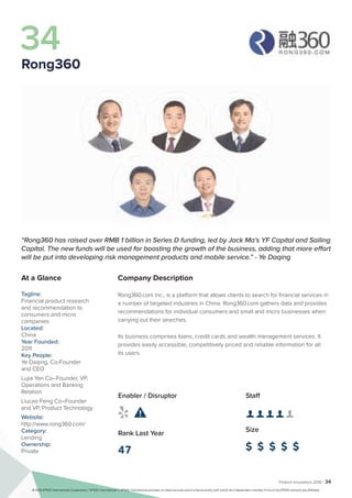Fintech Innovators 2016 | 34
Company Description
Rong360.com Inc., is a platform that allows clients to search for financial services in
a number of targeted industries in China. Rong360.com gathers data and provides
recommendations for individual consumers and small and micro businesses when
carrying out their searches.
Its business comprises loans, credit cards and wealth management services. It
provides easily accessible, competitively priced and reliable information for all
its users.
Staff
👤 👤 👤 👤 👤 
Size
$ $ $ $ $
Enabler / Disruptor
 
Rank Last Year
47
“Rong360 has raised over RMB 1 billion in Series D funding, led by Jack Ma’s YF Capital and Sailing
Capital. The new funds will be used for boosting the growth of the business, adding that more effort
will be put into developing risk management products and mobile service.” - Ye Daqing
At a Glance
Tagline:
Financial product research
and recommendation to
consumers and micro
companies
Located:
China
Year Founded:
2011
Key People:
Ye Daqing, Co-Founder
and CEO
Lujia Yan Co–Founder, VP,
Operations and Banking
Relation
Liucao Feng Co–Founder
and VP, Product Technology
Website:
http://www.rong360.com/
Category:
Lending
Ownership:
Private
34
Rong360
© 2016 KPMG International Cooperative (“KPMG International”). KPMG International provides no client services and is a Swiss entity with which the independent member firms of the KPMG network are affiliated.
 