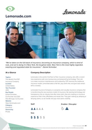 Fintech Innovators 2016 | 84
Lemonade.com
Company Description
Lemonade is the world’s first Peer to Peer insurance company, who offer a brand
new experience with zero bureaucracy and powered by technology. Their aim
is to make insurance instantaneous and trustworthy. P2P reverses the traditional
insurance model. Lemondae takes a flat fee, pay claims fast, and give back what’s
left to charities.
Lemonade Insurance Company is a property and casualty insurance company that
is transforming the very business model of insurance. By injecting technology and
transparency into an industry that often lacks both, they are creating an insurance
experience that is fast, affordable and hassle free. They gain nothing by delaying or
denying claims, so we handle and pay most claims instantly.
“We’ve taken on the full-stack of insurance, becoming an insurance company, which is kind of
nuts, and we’re doing it in New York, the toughest state. New York is the most highly regarded,
exacting and regulated state for insurance." - Daniel Schreiber
At a Glance
Tagline:
The World's First P2P
Insurance Company
Located:
United States
Year Founded:
2015
Key People:
Daniel Schreiber	,
Co-Founder and CEO
Shai Wininger, Co-Founder
Website:
https://lemonade.com/
Category:
Insurance
Ownership:
Private
Staff
👤 👤 👤 👤 👤
Size
$ $ $ $ $
Enabler / Disruptor
 

© 2016 KPMG International Cooperative (“KPMG International”). KPMG International provides no client services and is a Swiss entity with which the independent member firms of the KPMG network are affiliated.
 