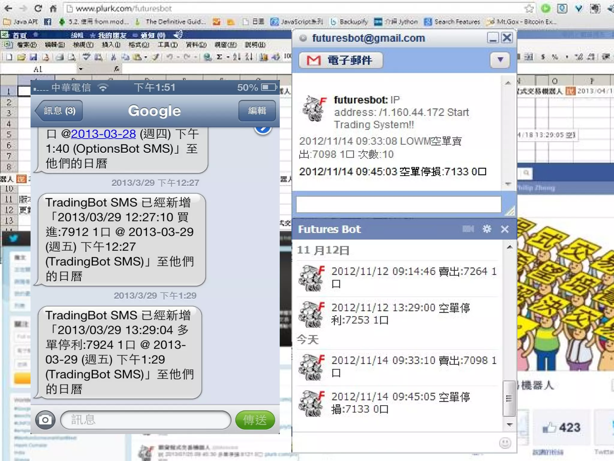 2008 TradingBot
2009 Plurk
2010 Twitter
2011 Facebook粉絲頁
2012 部落格
透過即時傳送訊息
日曆紀錄每日交易紀錄
History
 