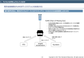 Copyright © 2017 Mori Hamada & Matsumoto All rights reserved.‐ 12‐
既存金融機関のFoMOがディスラプションを加速させる
銀行業界を見ると、現状のFinTechマーケットのドライビングフォースの主なものは金融機関によるFoMO
FoMO (Fear of Missing Out)
VCs founders
angels
accelerators
労務・時間・技術・ア
イディア
資金・ネットワーク
資金・メンタリング
・ FoMOが投資の原動力となり、これが結果的にスタートアップの構想
の実現を早める
・ その背景にはBig Dataの4Vとそれを支えるネットワーク効果を用い
たスタートアップの先行戦略がある
・ 失敗コストが安いスタートアップのみができる仮説検証の高速PDCA
と低コスト戦略による民主化アプローチ
・ FoMOに陥った既存金融業者に協業を持ちかけるオープンイノベー
ション戦略
１．FinTechは何をしようとしているのか
 