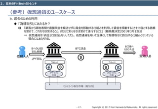 Copyright © 2017 Mori Hamada & Matsumoto All rights reserved.‐ 17‐
（参考）仮想通貨のユースケース
b. 送金のための利用
 「為替取引」にあたるか？
 「顧客から隔地者間で直接現金を輸送せずに資金を移動する仕組みを利用して資金を移動することを内容とする依頼
を受けて、これを引き受けること、またはこれらを引き受けて遂行すること」（最高裁決定2001年3月12日）
⇒ 仮想通貨は「資金」に該当しない。ただし、仮想通貨を用いて全体として為替取引に該当する仕組みとなっている
場合にはあたりうる。
依頼人A 受取人B
BへのUSD
支払依頼
JPY支払
JPY・BTC
在庫
ウォレット
ビットコイン取引市場（取引所）
USD・BTC
在庫
ウォレット
BTC送金
B口座へ
USD入金
２．日本のFinTechのトレンド
 