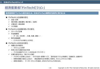 Copyright © 2017 Mori Hamada & Matsumoto All rights reserved.‐ 22‐
経済産業省「FinTechビジョン」
経済産業省「FinTech検討会合」は、日本のFinTech戦略を包括的に取りまとめ
 FinTechによる金融の変化
 送金・決済
 家計管理、資産運用、家計借入（信用）
 企業会計、資金調達
 リスク管理
 FinTechによる金融の担い手の変化
 スタートアップ企業
 非金融業者
－ IT（EC、SNS等）、交通、流通、通信・・・
 既存金融機関
－ ビジネスモデルの進化により対応
 FinTechによる社会の変化
 消費生活の高度化
－ キャッシュレス決済
 将来に向けた資産形成の充実
－ デジタル投資アドバイス（いわゆるロボ・アドバイザー）
 企業生産性の向上（特に中小企業）
－ バックオフィス改革によるもの： クラウド会計・経理サービス、 国内送金システムの高度化（金融EDI、金融API）
－ 財務支援能力強化によるもの： 資金調達手法の多様化・効率化、キャッシュマネジメント強化
－ 経営の高度化： データマーケティングの強化、KPIのリアルタイムでの見える化
２．日本のFinTechのトレンド
 