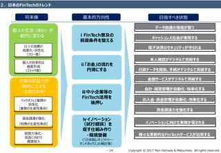 Copyright © 2017 Mori Hamada & Matsumoto All rights reserved.‐ 24‐
ⅰFinTech普及の
前提条件を整える
ⅱ「お金」の流れを
円滑にする
ⅲ中⼩企業等の
FinTech活用を
後押し
個人の生活（家計）が
劇的に変わる
企業の収益力が
劇的に上がる
（生産性革命）
将来像 基本的方向性
ⅳイノベーション
（試行錯誤）を
促す仕組み作り
・環境整備
（「日本版レギュラトリー・
サンドボックス」の検討等）
日々の消費の
高度化・活性化
（フロー⾯）
個人の効率的な
資産形成
（ストック⾯）
経営力強化・
成⻑に向けた
資源投入
資金調達の強化
（財務の生産性革命）
バックオフィス業務の
効率化
（業務の生産性革命）
電⼦決済のセキュリティが守られる
データ融通の環境が整う
キャッシュレス社会が実現する
本⼈確認がデジタルで完結する
行政データを開放、手続がデジタルで完結する
金融サービスがデジタルで完結する
会計・経営管理が自動化・効率化する
出⼊金・資金管理が自動化・効率化する
目指すべき状態
様々な⾰新的なFinTechサービスが出現する
イノベーションに向けた実験が促される
資金調達⼒を強化する
２．日本のFinTechのトレンド
 