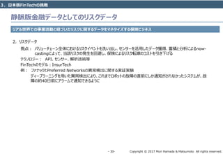 Copyright © 2017 Mori Hamada & Matsumoto All rights reserved.‐ 30‐
静脈版金融データとしてのリスクデータ
リアル世界での事業活動と紐づいたリスクに関するデータをマネタイズする保険ビジネス
2. リスクデータ
視点： バリューチェーン全体におけるリスクイベントを洗い出し、センサーを活用したデータ獲得、蓄積と分析によるnow-
castingによって、当該リスクの発生を回避し、保険によるリスク転嫁のコストを引き下げる
テクノロジー： API、センサー、解析技術等
FinTechのモデル：InsurTech
例： ファナックとPreferred Networksの異常検出に関する実証実験
ディープラーニングを用いた異常検出により、これまでロボットの故障の直前にしか通知がされなかったシステムが、故
障の約40日前にアラームで通知できるように
３．日本版FinTechの挑戦
 
