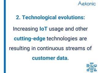Increasing IoT usage and other
cutting-edge technologies are
resulting in continuous streams of
customer data.
2. Technological evolutions:
 