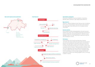 Data analytics UX
Gamiﬁcation
Machine learningBig data
Underdeveloped startup ecosystem
Suboptimal legal and ﬁscal conditions
Risk averse culture
Compliance
Wealth management
Robo advisors
Cyber-security
Investment management
Technologies
Challenges
Innovation areas
Fusion SIX F10
Kick Start
Nexussquared
BlueLion
CryptoValley Zug
Zurich
Geneva
Cryptocurrencies
Top FinTech companies
Knip, Anivo, FinanceFox, Qumram, WealthArc, InvestGlass,
Monetas, Bexio, Ethereum, Xapo, Digital Assets (Elevance.
Big investors
Swisscom, LakeStar, RedAlpine, Swiss Startup Invest, Go Beyond,
SICTIC, B-to-V, and Investiere. There are also private investors
(e.g. large angels, family officeswhich do not always disclose
much detail.
Success stories
Knip, raising over $20m and going global to disrupt insurance.
Temenos, the classic story of a great entrepreneur becoming an
industry leader with core banking platforms. Recently, it was a
highlight to see Eric van der Kleij bring his expertise to the Kick
Start Accelerator in Zurich.
The future
There has been a lot of activity and learning in the past
18 months, with many market participants forming associations
that drive the development and public relations around Swiss
FinTechs. This will need to convert into real impact in terms of
innovation of the financial institutions, success for startups, and
successful exits for investors. These associations will play a major
role in the negotiations with both FINMA and the government
on how to support the Swiss FinTech sector. Involving the Swiss
FinTech associations in the next steps is going to be essential.
Switzerland is thrilled to be hosting the global FinTech community
at SIBOS in Geneva.
Best work spaces and accelerators Hub features
GLOBAL FINTECH HUBS
FEDERATION 53
Connecting Global FinTech: Hub Review 2016
 