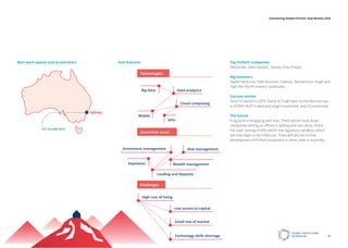 Big data Data analytics
APIs
Cloud computing
Mobile
High cost of living
Low access to capital
Small size of market
Risk managementInvestment management
Lending and Deposits
Wealth managementPayments
Technologies
Challenges
Innovation areas
Technology skills shortage
H2 Accelerator
Sydney
Top FinTech companies
Metamako, Data republic, Society One, Prospa.
Big investors
Sapien Ventures, NAB Ventures, Investec, Reinventure, Angel and
High Net Worth Investor syndicates.
Success stories
Since its launch in 2015, Stone  Chalk have connected startups
to $100m AUD in seed and angel investment, and 23 corporates.
The future
A big push in engaging with Asia. There will be more Asian
companies setting up offices in Sydney and vice versa. There
has been testing of APIs within the regulatory sandbox, which
will now begin to be rolled out. There will also be further
development of FinTech ecosytems in other cities in Australia.
Best work spaces and accelerators Hub features
GLOBAL FINTECH HUBS
FEDERATION 55
Connecting Global FinTech: Hub Review 2016
 