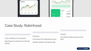 Caìp SøĀjĞ: R¾b•µ¾¾j
Cä¾ìì-P«aøˆ¾ä³ Fäa³pĘ¾ä¨
React Native for consistent UI on iOS and
Android
FpaøĀäpì
Commission-free trading attracts users
Gamified interface with real-time data
I³áacø
22.4 million funded accounts as of Q1
2024
 