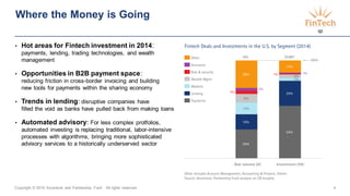 Copyright © 2015 Accenture and Partnership Fund All rights reserved. 4
• Hot areas for Fintech investment in 2014:
payments, lending, trading technologies, and wealth
management
• Opportunities in B2B payment space:
reducing friction in cross-border invoicing and building
new tools for payments within the sharing economy
• Trends in lending: disruptive companies have
filled the void as banks have pulled back from making loans
• Automated advisory: For less complex protfolios,
automated investing is replacing traditional, labor-intensive
processes with algorithms, bringing more sophisticated
advisory services to a historically underserved sector
Where the Money is Going
 