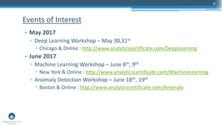 6
• May 2017
▫ Deep Learning Workshop – May 30,31st
 Chicago & Online : http://www.analyticscertificate.com/DeepLearning
• June 2017
▫ Machine Learning Workshop – June 8th, 9th
 New York & Online : http://www.analyticscertificate.com/MachineLearning
▫ Anomaly Detection Workshop – June 18th, 19th
 Boston & Online : http://www.analyticscertificate.com/Anomaly
Events of Interest
 