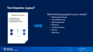 Tarvitaanko lupaa?
3.2.2020
Henna Toivonen
3
Liiketoiminnan kuvaus
1. Haettavat luvat
2. Liiketoimintamalli
3. Rahavirtojen kuvaus
Mitä toimilupatyyppejä kuvaus vastaa?
• Maksupalvelulupa
• Virtuaalitoiminta
• Sijoituspalvelut
• Rahasto
• Joukkorahoitus
• Pankki
• Vakuutus
 